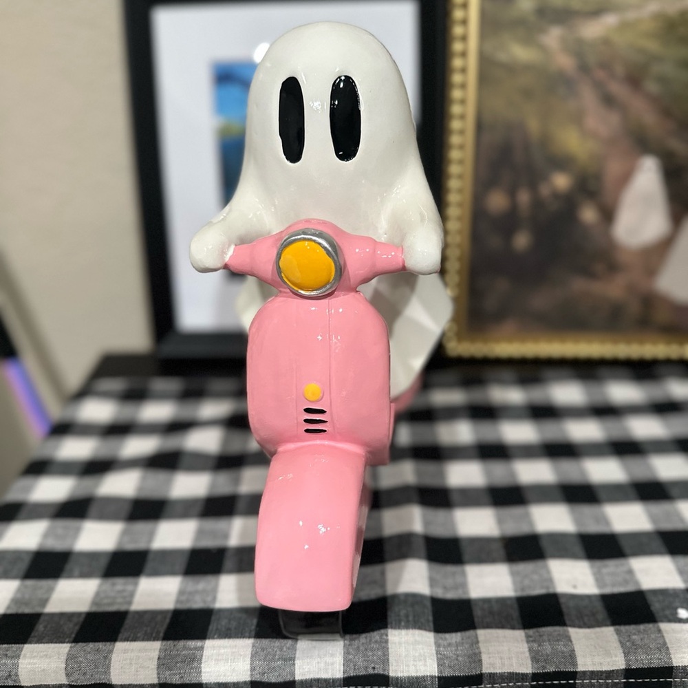 Summerween Ghost Figurine on Pink Scooter